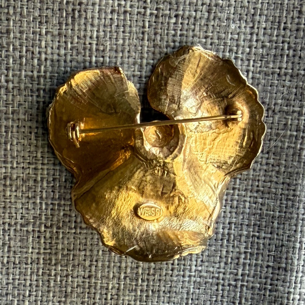 Vintage Weiss Pansy Brooch Enamel Rhinestone Flower Pin Gold Tone Signed - Picture 3 of 7
